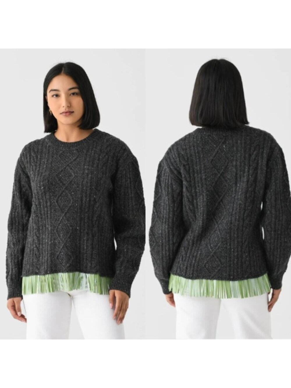 NWT Lingua Franca Bianca Crew Sequin Fringe Sweater Charcoal Gray Size: Small